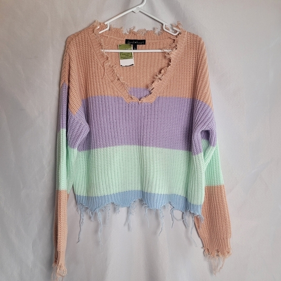 NWT Derek Heart Size L Pastel Cropped Tattered Raw Hem Striped Sweater - Picture 1 of 8